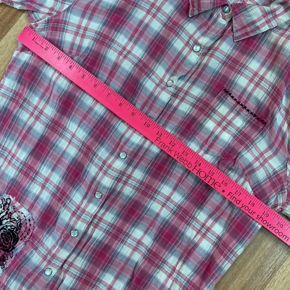 Style & Co. pink plaid western style snap up blouse size 14 silver streaks - Picture 10 of 12